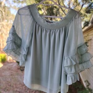 Smocked Neck Ruffle-Sleeve Women’s Top in Light Green